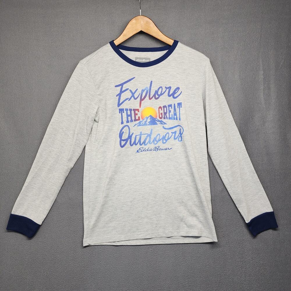 Eddie Bauer Shirt Kids Large 14/16 Gray Blue Explore Outdoors Long Sleeve Youth